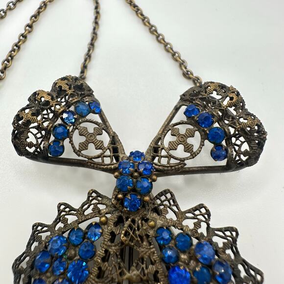 Antique Art Deco 1920s blue Czech glass rhinestones brass filigree necklace - Picture 6 of 8